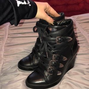 Michael Kors Black Wedge Sneakers w/Silver Buckles